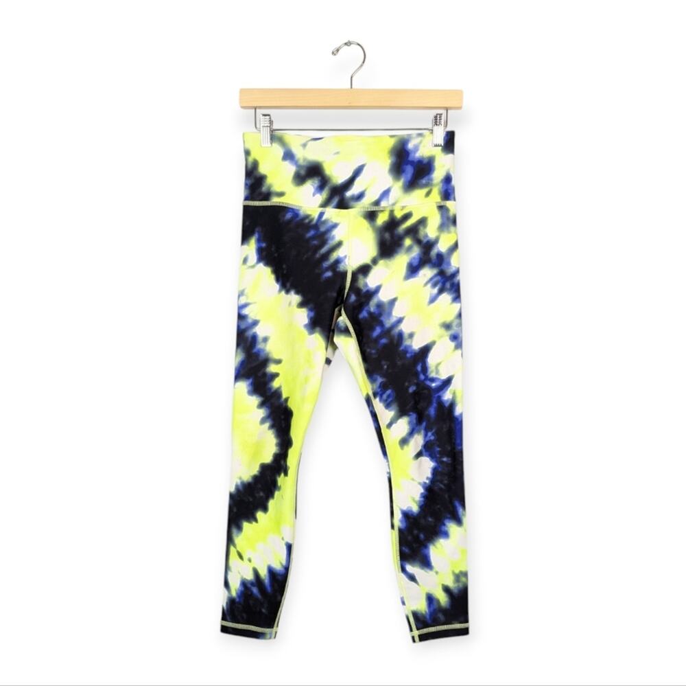Athleta Neon Chartreuse Cobalt Blue Black Tie Dye Elation 7/8 Tight Leggings